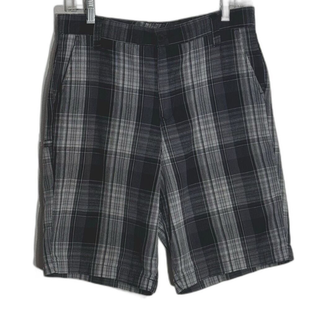 Burnside Shorts Mens 32 Fits 29 Gray Black Plaid Chino Slash Pockets Lightweight